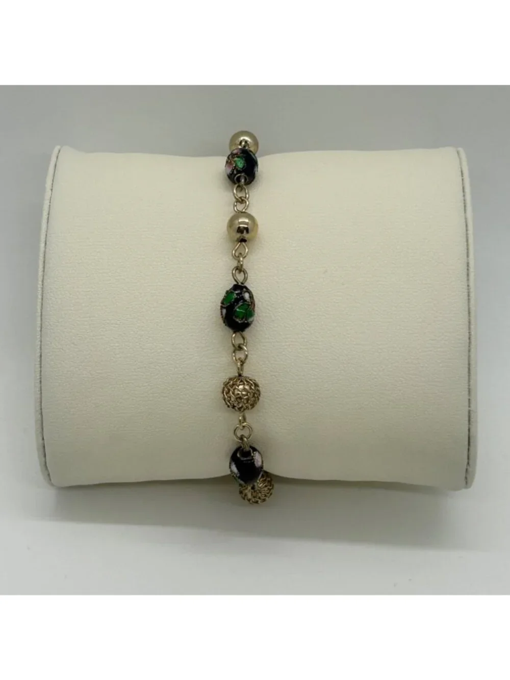 Vintage Cloisonné Bracelet Floral Enamel Filigree Gold Tone Multi-Colored 7